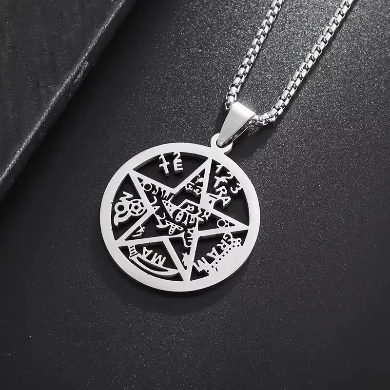 Stainless Steel Jewish Hebrew Four Letter Witchcraft Pentagram Pendant Necklace for Men's Solomon Religious Amulet Jewelry