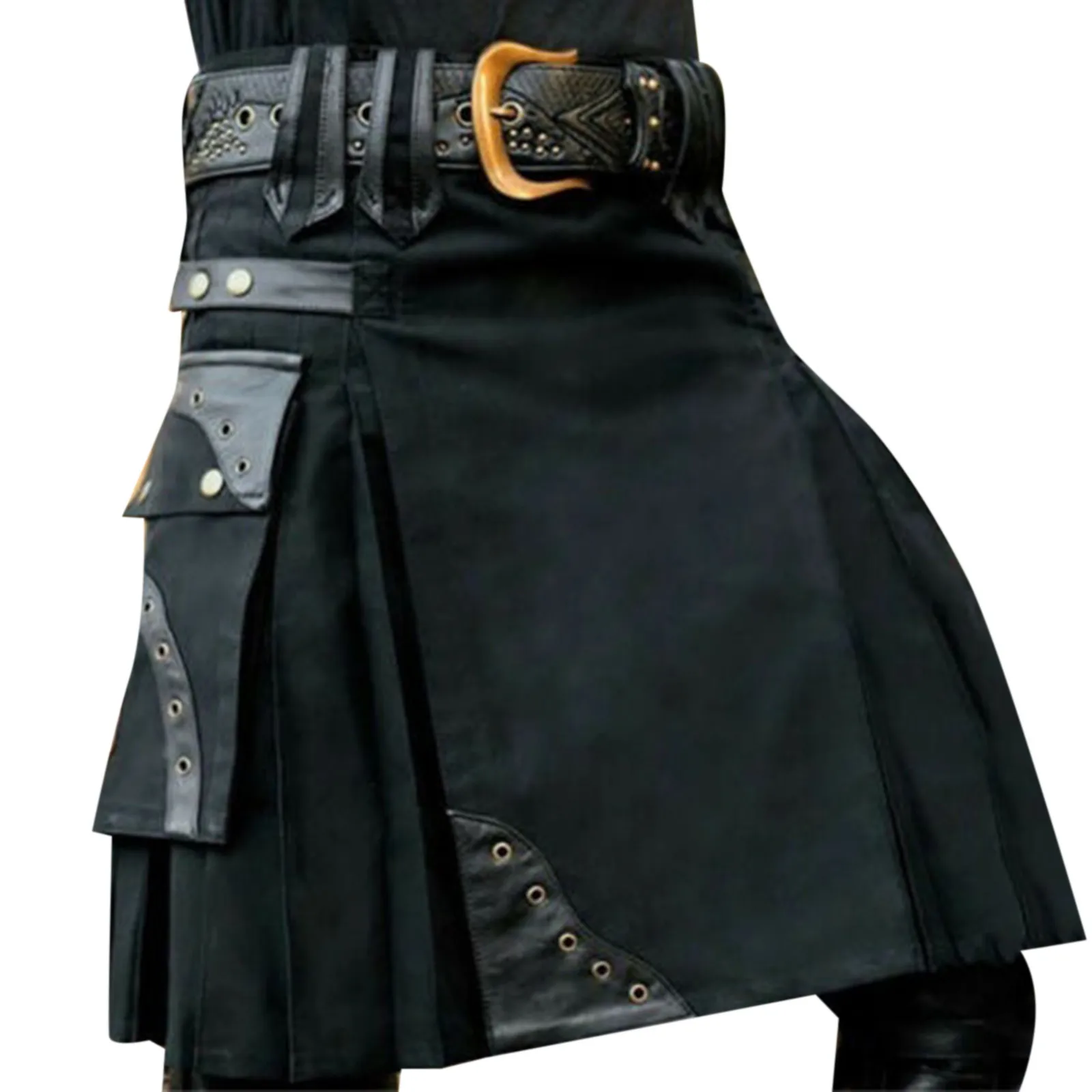 

Men Kilts Fashion Casual Retro Scottish Traditional Classic Style Skirt Personality Pocket Pleated Costume Metal Buckle Skirt