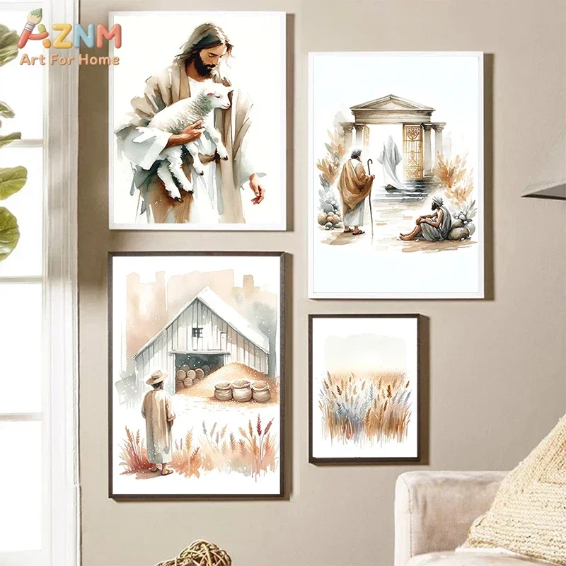AZNM Watercolor Jesus Good Shepherd Lamb Canvas Wall Art, Neutral Religious Bible Scene Unframed Print For Christian Home Living