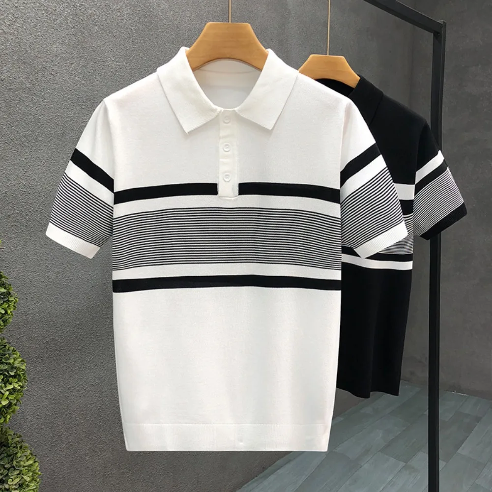 

Summer New Men's Polo Shirt Short Sleeved T-Shirt Sports Casual Business Fashionable Breathable Striped Knitted Short Sleeve