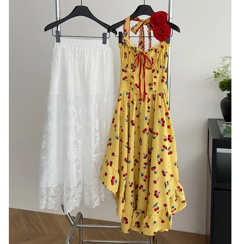 2 ชิ้นชุดชุดสตรีฤดูร้อน Holiday พิมพ์ Halter Backless Midi ชุดเดรสเกาหลีแฟชั่น Elastic High เอวกระโปรงลูกไม้สีขาว