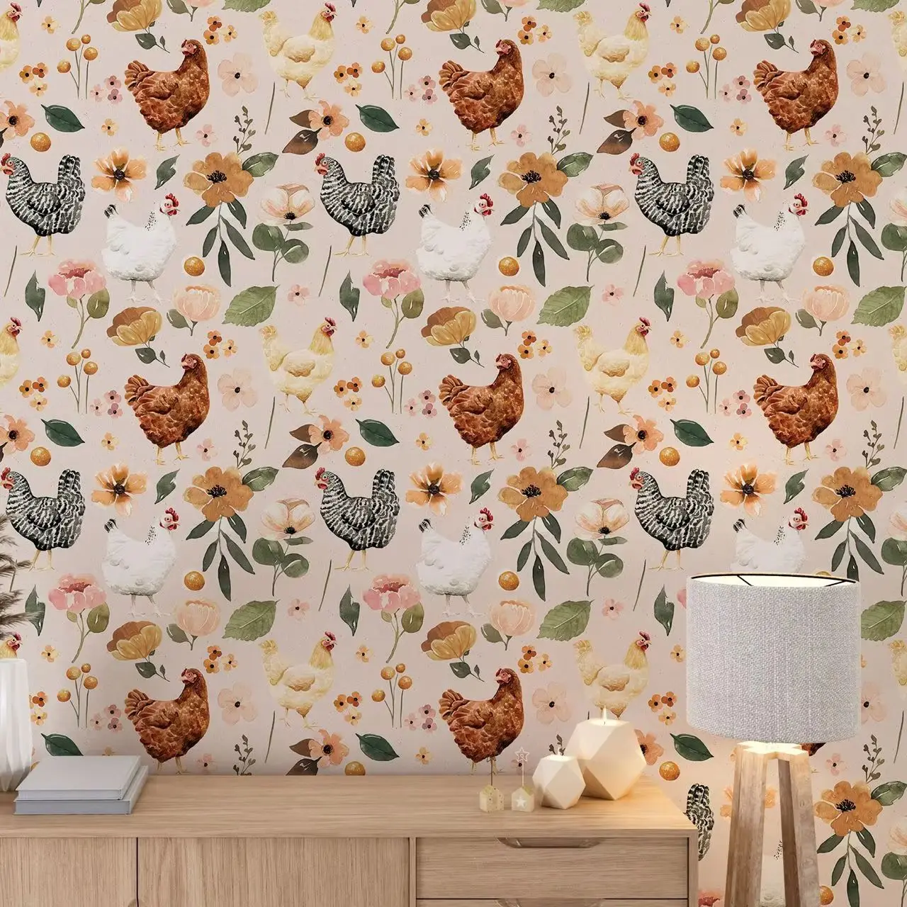 Farmhouse Frango Aquarela Floral Wallpaper, Galinhas pintadas e Galinhas Peel and Stick Wallpaper, Papel de Parede Removível