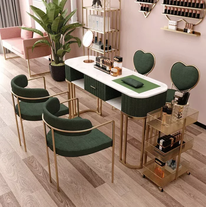 Table et chaise de manucure vertes personnalisées pour salon de beauté, double station, dessus en marbre, collecteur de poussière, table à ongles