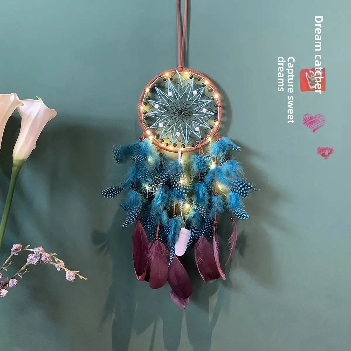 Traumheimatstadt-Traumfänger mit blau-rosa Farbverlauf, natürliches Rattan und Federn, 16 cm Durchmesser, 48 cm Länge, ideal für Schlafzimmerdekoration