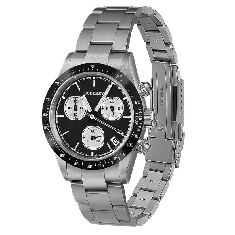 BODERRY Men Chronograph Watch Aviator 40MM Quartz Wristwatch Titanium Case & Strap Diver 10Bar Waterproof Sapphire Luminous K68