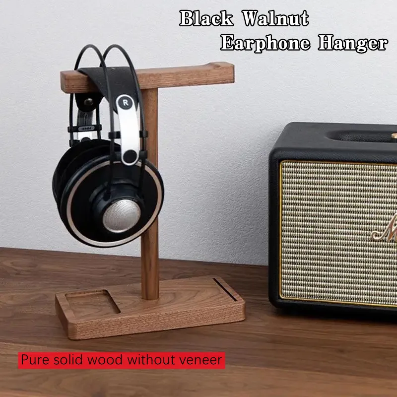 

Black Walnut Universal Dual Headset Holder Headset Display Shelf Desk Hanger Headphones Stands Storage Brackets With Small Tray