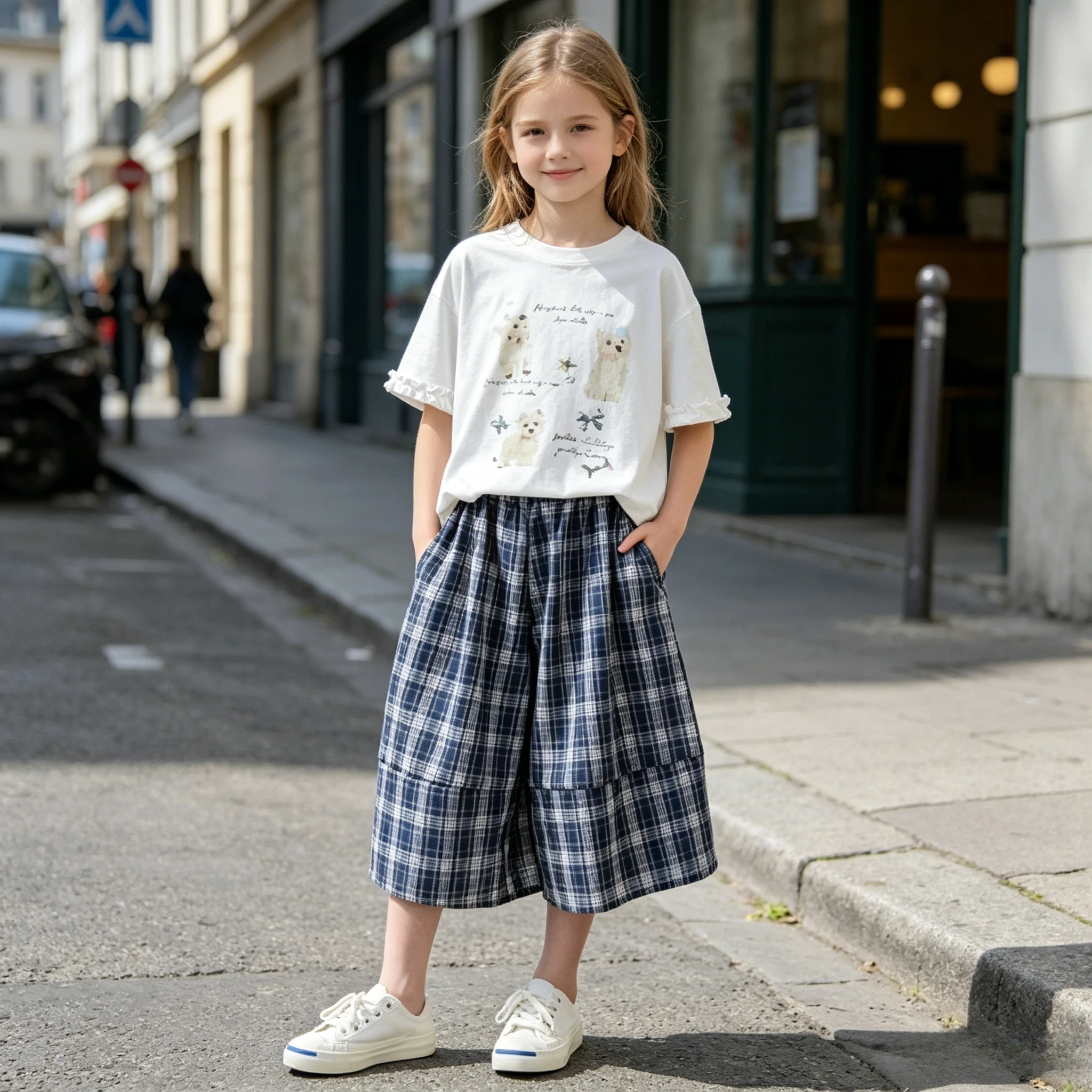 Girls Summer 2pcs Clothes Set Printed Short Sleeve Top Plaid Pants Stylish Casual Outfit For Daily School Outdoor Holiday Wear