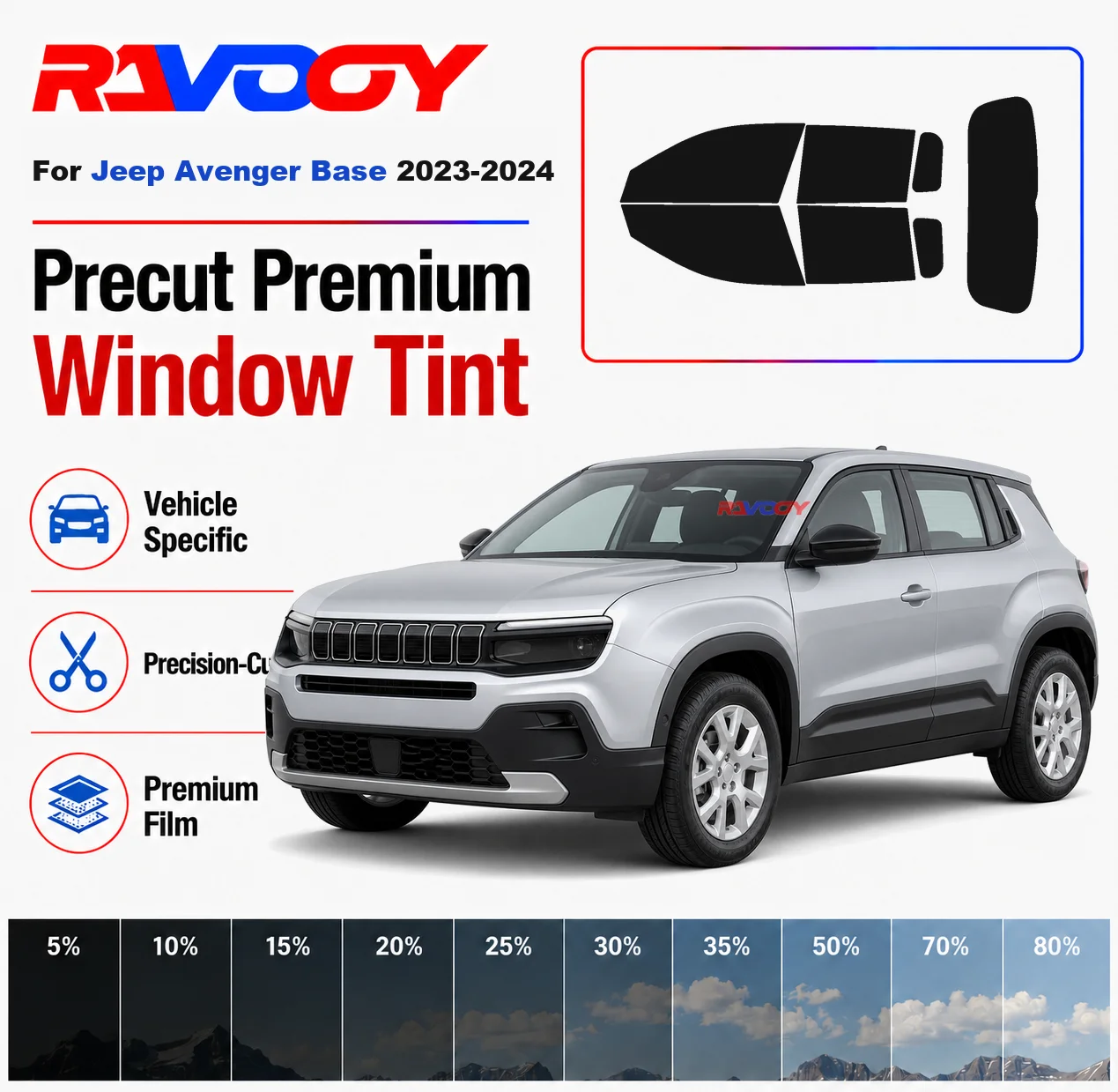 Kit Premium di Pellicole Oscuranti Pretagliate per Finestrini Anteriori e Posteriori, Lunotto Posteriore per Jeep Avenger Base 2023-2024, Set Completo di Pellicola Nano Ceramica