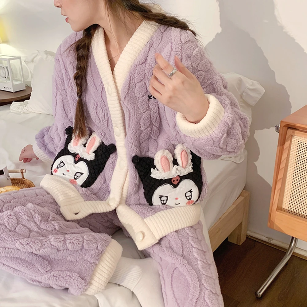 بدلة بيجامات أنيمي كورومي ماي ميلودي من القطيفة Sanrioed Kawaii ملابس منزلية كرتونية للفتيات سترة شتوية من الصوف المرجاني ملابس نوم