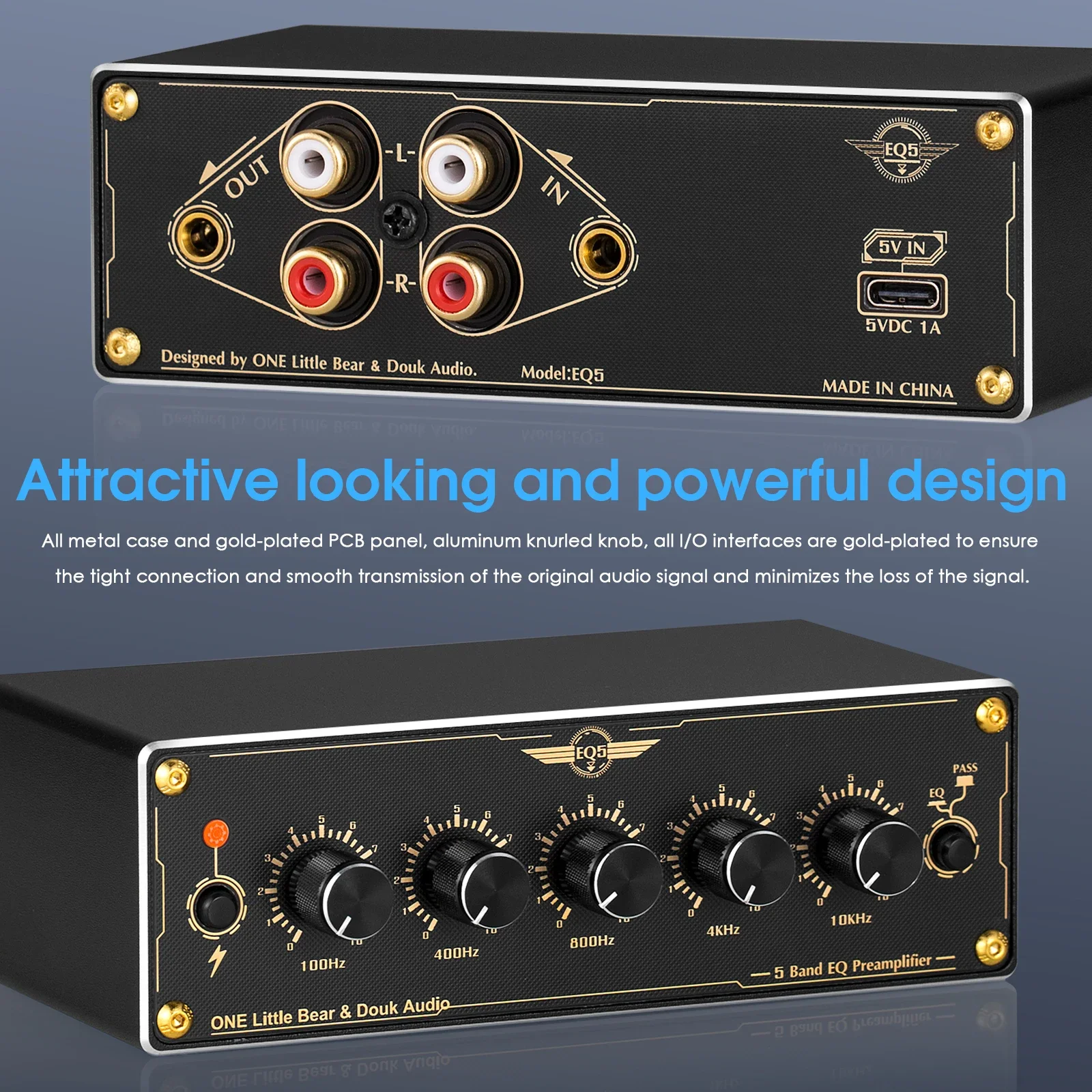 Douk Audio EQ5 Mini 2.0 Channel 5-Band EQ Preamp Analog Equalizer Stereo Pre-amplifier Home/Car Audio Processor