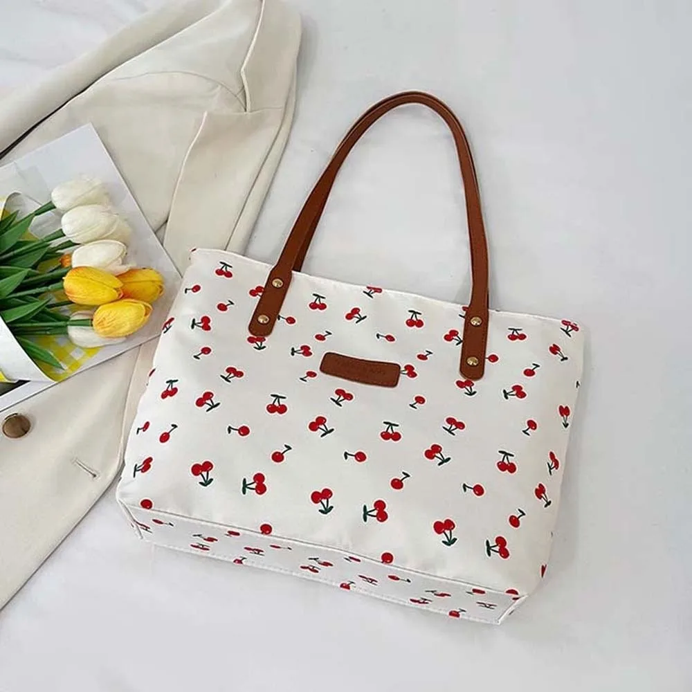 

Korean Style Cherry Printed Tote Bag Large Capacity Solid Color Patterned Canvas Handbag Trendy Lightweight Women Shoulder Bag