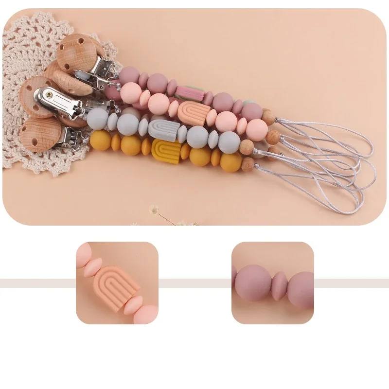 Silicone Rainbow Bead Pacifier Clips Wood Chew Dummy Chain Holder Newborn Soother Chains Nipple Holder Baby Teething Toys Gifts