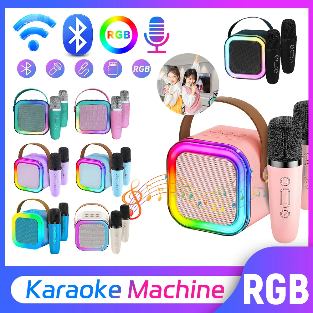 K12 Bluetooth Karaoke Machine Portable KTV HIFI Stereo Sound RGB LED Lights Bluetooth 5.3 Speaker with Wireless Microphones