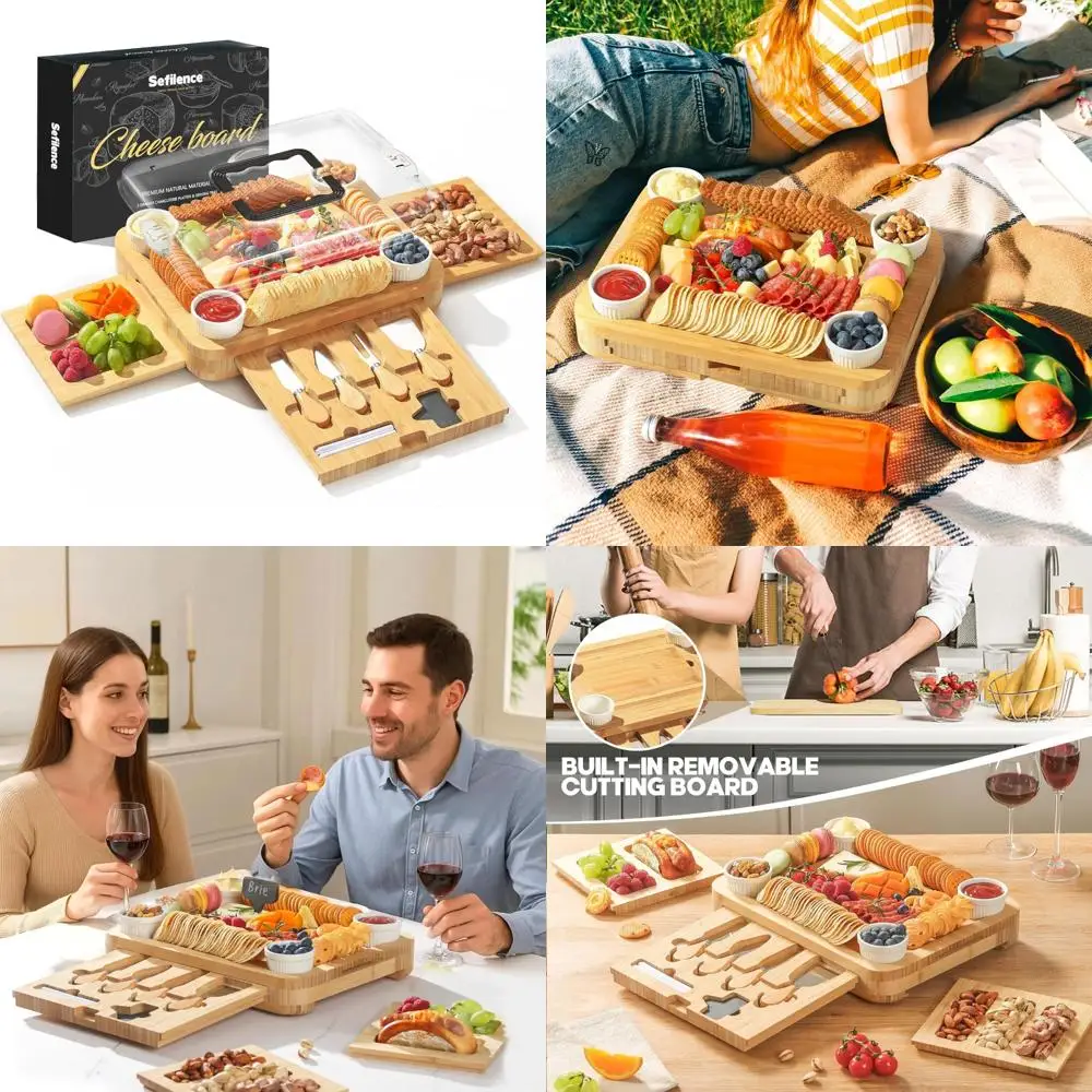 

Portable Bamboo Cheese and Charcuterie Board with Lid and Handle, Compact Snack Box, Modular Cutting Board Set with Storage Draw