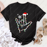 Asl I Love You Hand Sign Christmas Hat Printed T-shirt Xmas Lights Graphic T Shirts Sign Language Gift for Men and Women Tops
