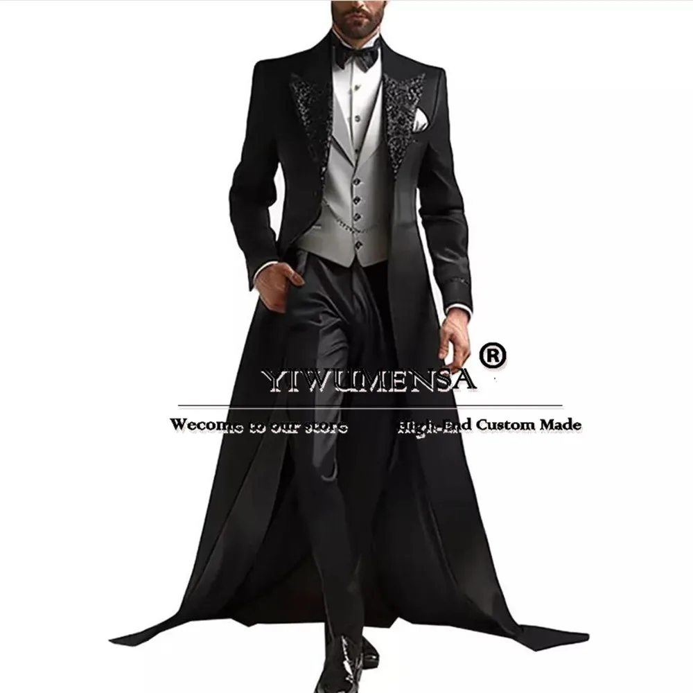 Trajes de negocios con lentejuelas brillantes para hombre, chaqueta de cola larga con solapa de pico, chaleco, pantalones, ropa de novio, esmoquin de boda, ropa de sastre, 3 piezas