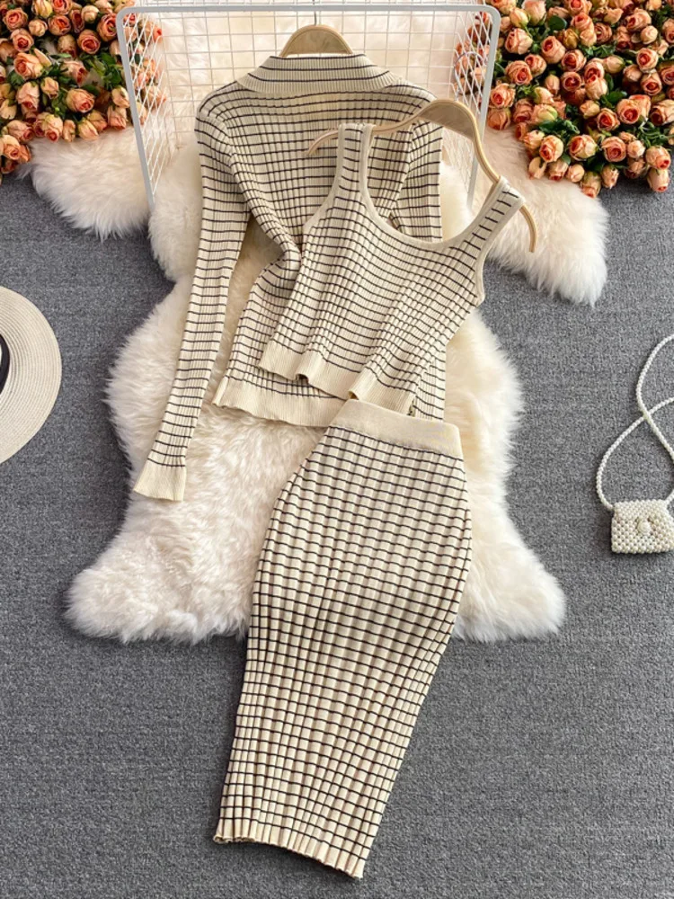 Autumn Korean Fashion Chic Knitted 3pcs Long Sleeve Cardigan Sweater Camisole + Skirts Sets Casual Tops Vest Skirt Suits