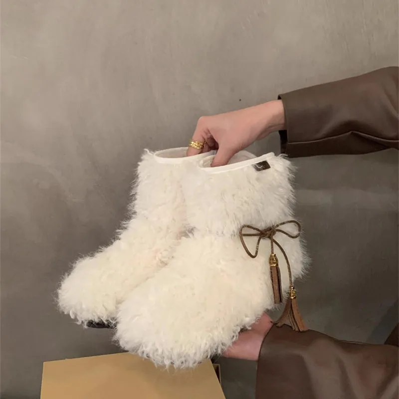 

Y2K Lamb Wool Short Boots Winter Fur Warm Women's Ankle Boots Fashionable Snow Boots Warm Cotton Shoes