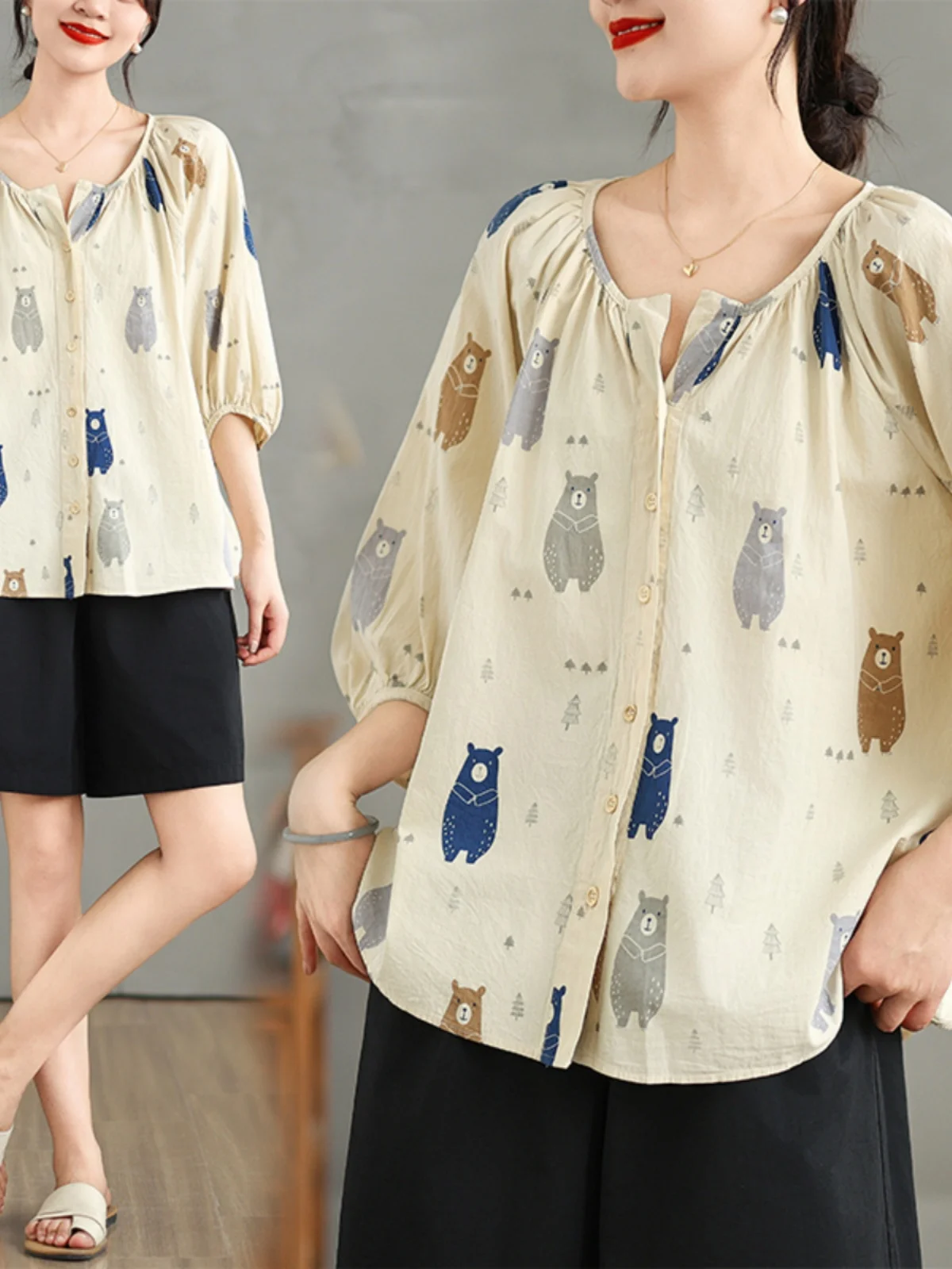 ゆったりとした綿素材のサマーニュースリーブVネックランタンスリーブベア柄フィット女性用ビジネスカジュアルファション通勤スリーブトップ