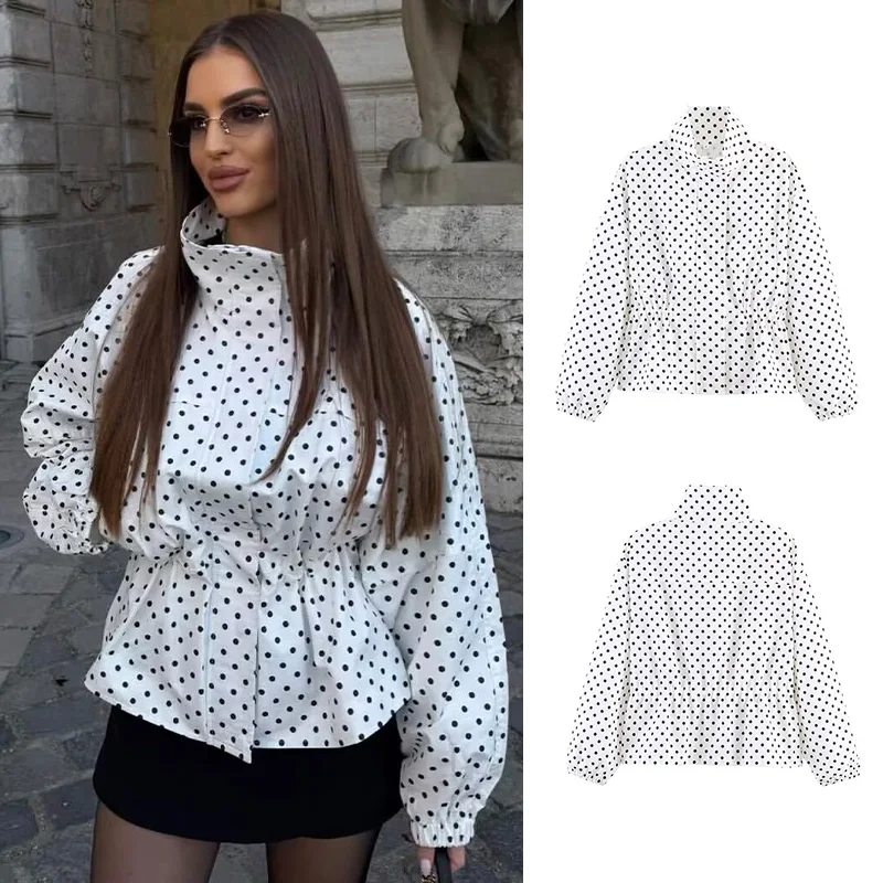 SLTNX Polka Dot Bomber Jacket Women Jackets Demi-Season Oversized Long Sleeve Top Outerwear Aviator Plus Size Zip Up Crop Coats