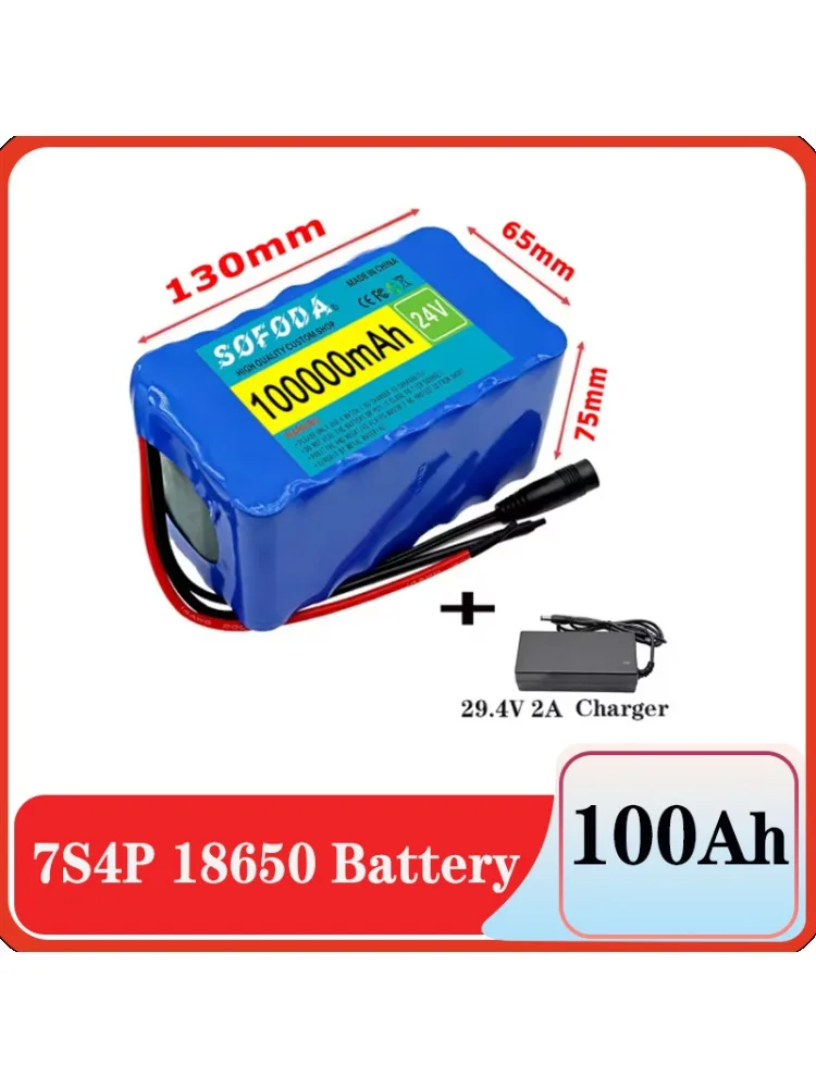 24 V 7S4P 18650 Akku 100 Ah 100000 mAh für Elektrorollstühle, wiederaufladbarer Lithium-Ionen-Akku + 29,4 V Ladegerät