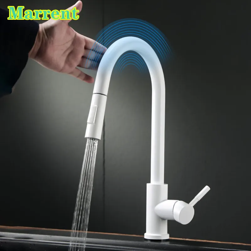 

White Touch Kitchen Faucets 360 Rotation Hot Cold Pull Out Kitchen Sink Mixer Tap Luxury Sensitive Touch Kitchen Sink Faucet