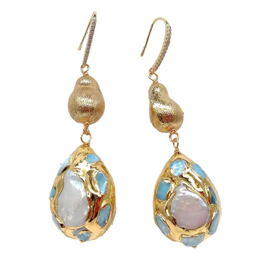 KKGEM  22x28mm  natural Blue larimar Pave Cultured White Pearl Teardrop Shape  Brushed Bead Dangle Hook Earrings