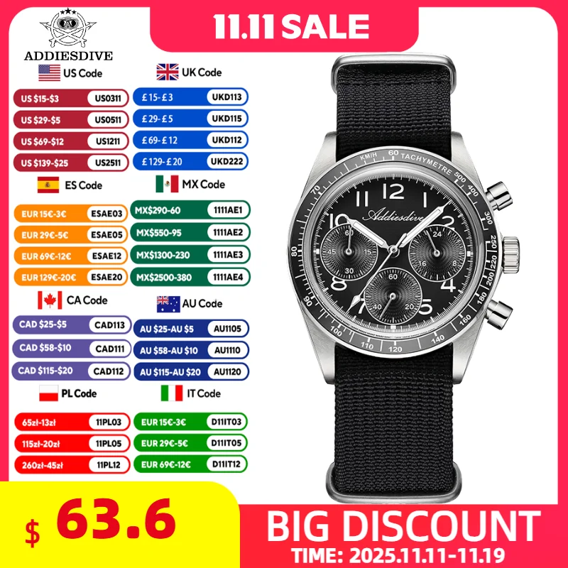 

ADDIESDIVE New Men's Quartz Chronograph Watches Luminous 100M Waterproof Wristwatch Bubble Glass Ceramic Bezel Fashion Man Watch