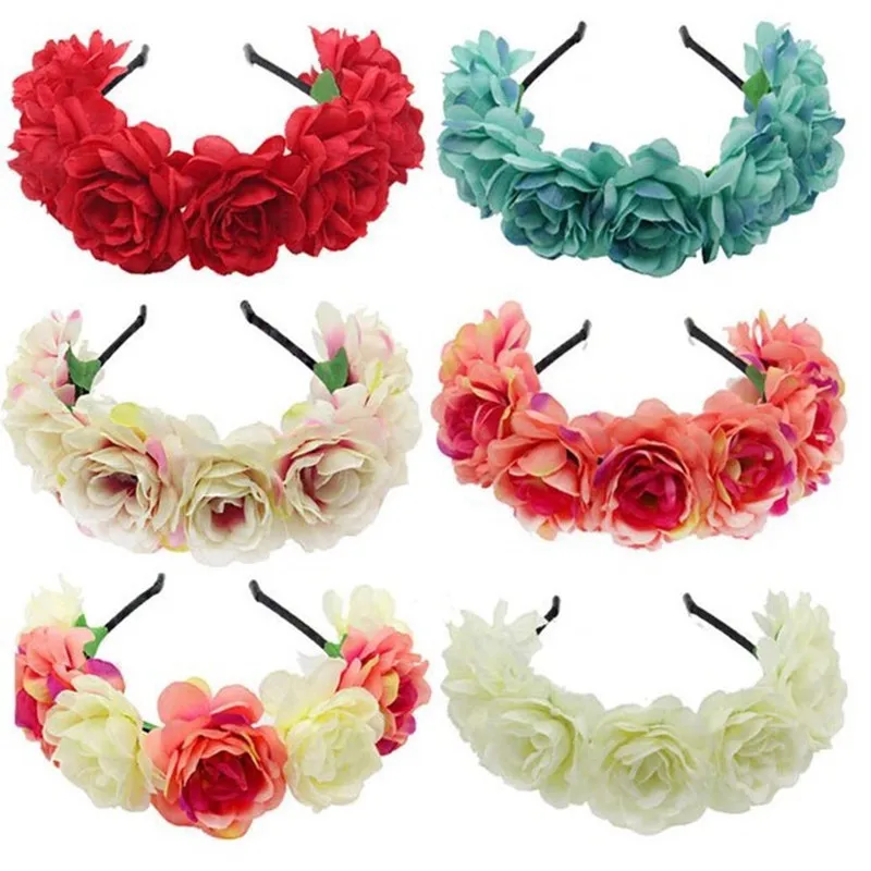 red blue bride flower crown wedding bridal girl rose flower headband headpiece hair band women artificial wreaths garland