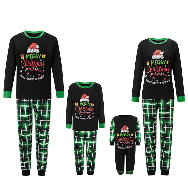 Family Matching Christmas Pajama Set, Letter Print Long Sleeve Tops Plaid Elastic Waist Pants