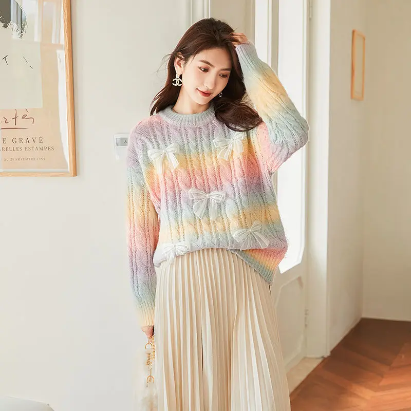 VICTORIA&VERA Knitted sweater rainbow mixed color sweater simple tops for women 2024 sweaters