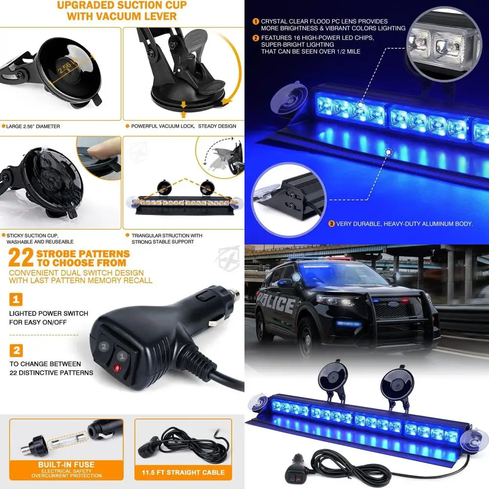 

Aluminum Emergency Dash Strobe Light with Upgraded Suction Cups for Police POV Vehicles, Blue