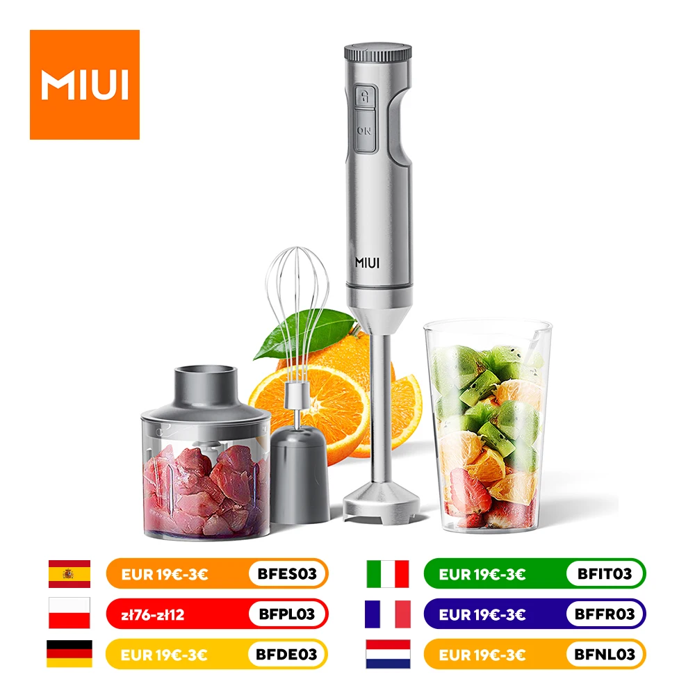 MIUI Hand Immersion Blender 1000W Powerful 4-in-1,Stainless Steel Stick Food Mixer,700ml Mixing Beaker,500ml Processor,Whisk