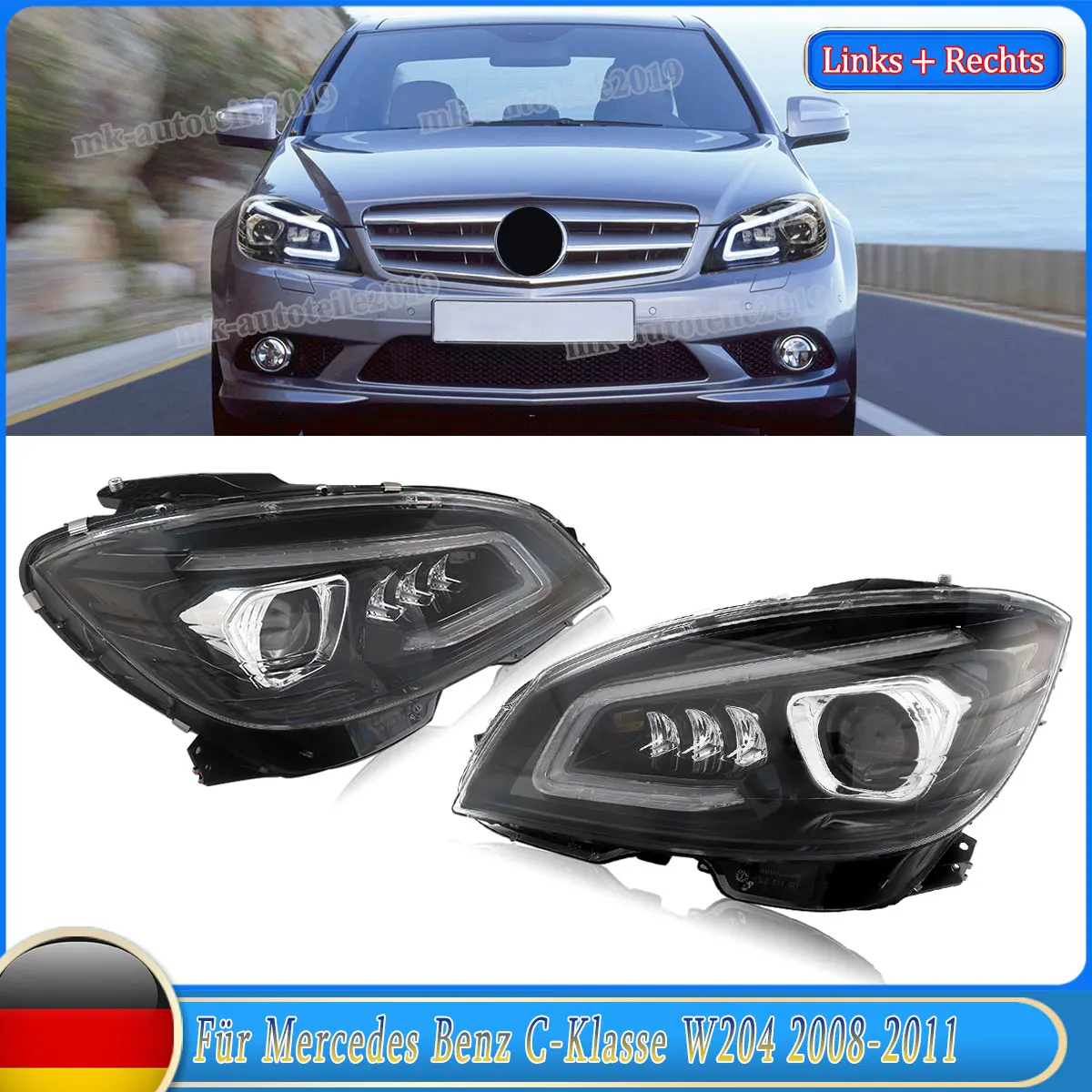 For Mercedes-Benz W204 S204 C-class C250 C280 C300 2008-2011 Front LED Headlight Assembly for GT Style Headlights Plug and Play