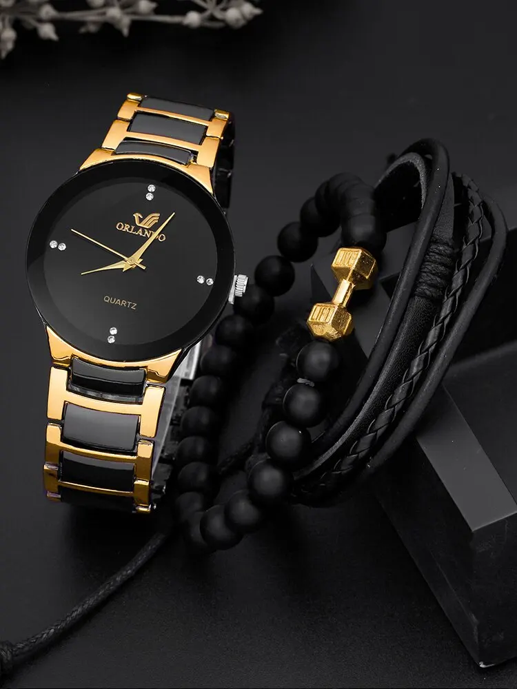 3PCs Fashion Personalized Men's Steel Band Quartz Watch with Bracelet Set