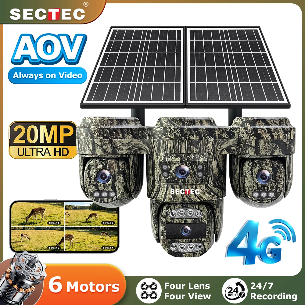 SECTEC 20MP 4 Lens Solar PTZ Camera 6 Motor AOV 24-7 Recording 4G AI Tracking Color Night IP66 Waterproof Camouflage