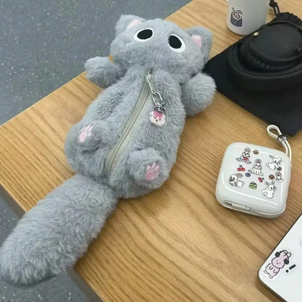 Plush Gray Cat Pencil Bag Large Capacity Thicken Cute Kitten Pencil Case Cartoon Animal Soft Kitten Stationery Bag