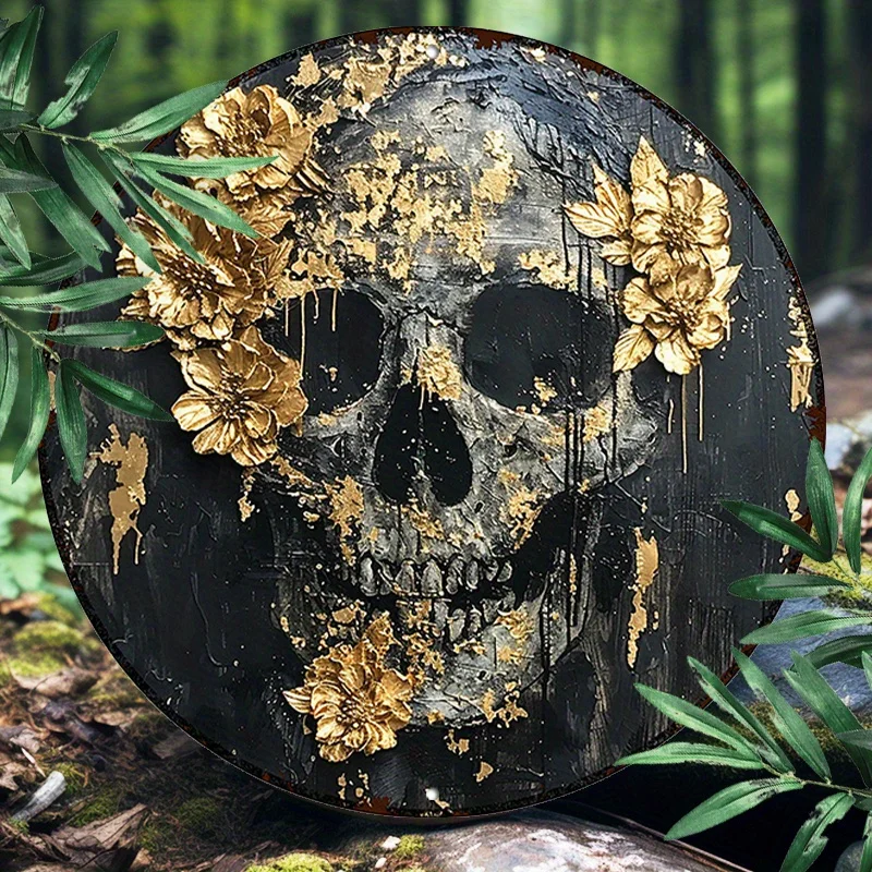 1pc 8x8inch(20x20cm) Round Aluminum Sign Metal 2D Sign Funny Metal Sign Gothic Skull and Flower for Home Decor, Outdoor Garden D
