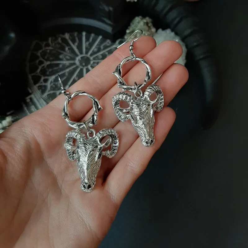 New Goth Baphomet Goat Thorn Earrings Gothic Witch Satan Occult Alternative Statement Jewelry Satanic Ram Skull Medieval Women