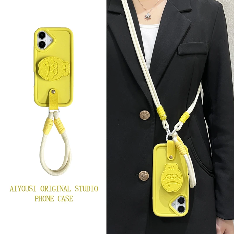 

Yellow leather small fish holder for apple 15promax phone case i14/13pro handheld rope 16promax fallproof 11/12pro niche xr