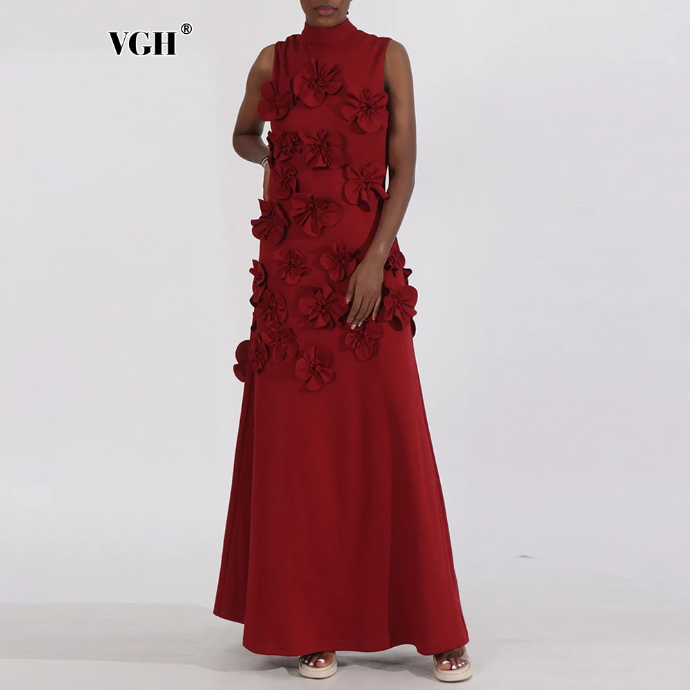 VGH Patchwork Appliques Elegant Dresses For Women Stand Collar Sleeveless High Waist Temperamaent Midi Dress Female New Fashion