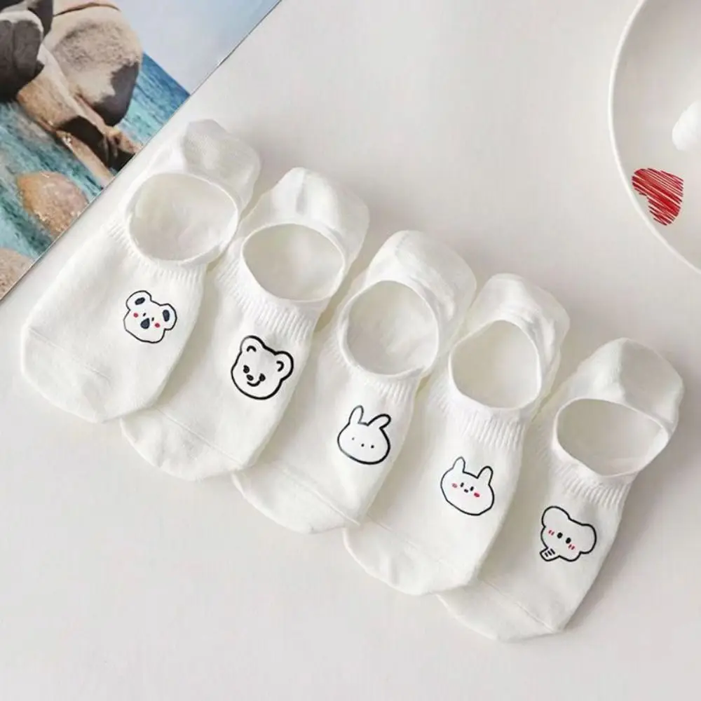 

10Pairs Fashion Cartoon Women Invisible Socks Thin Non-slip Cute Boat Socks Hosiery Sweet Bear White Socks For Girls
