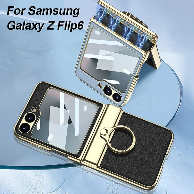 

Magnetic Hinge PU Leather Case For Samsung Galaxy Z Flip 6 Screen Glass Plating Ring Holder Hard Cover For Galaxy Z Flip 6 Case