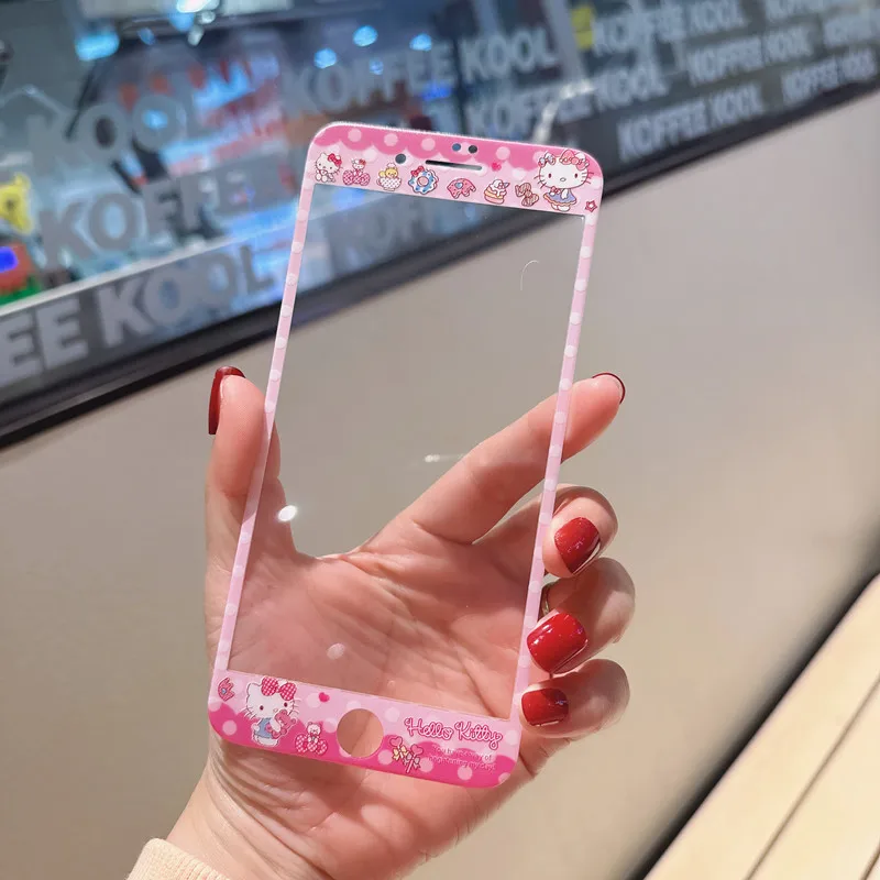 Vetro temperato a copertura totale per iPhone X XR Xs Max 11 12 13 14 Pro 6 7 8 Plus pellicola salvaschermo Soft Edge Film Cartoon Hello Kitty