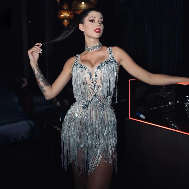 

Sparkly Rhinestones Tassels Sexy Mesh Sheath Mini Dress Evening Party Nightclub Performance Costume Bar Singer Dancer Stage Wear