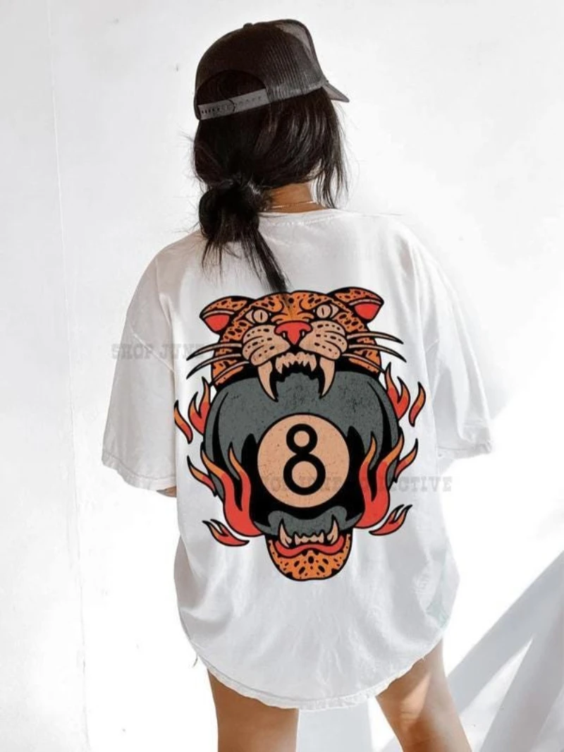 محظوظ ليوبارد المحملة التقليدية الوشم T 8 الكرة قميص ، الجرونج الشارع الشهير خمر الغربية لاكي مي قميص الرقبة قصيرة الأكمام تي شيرت