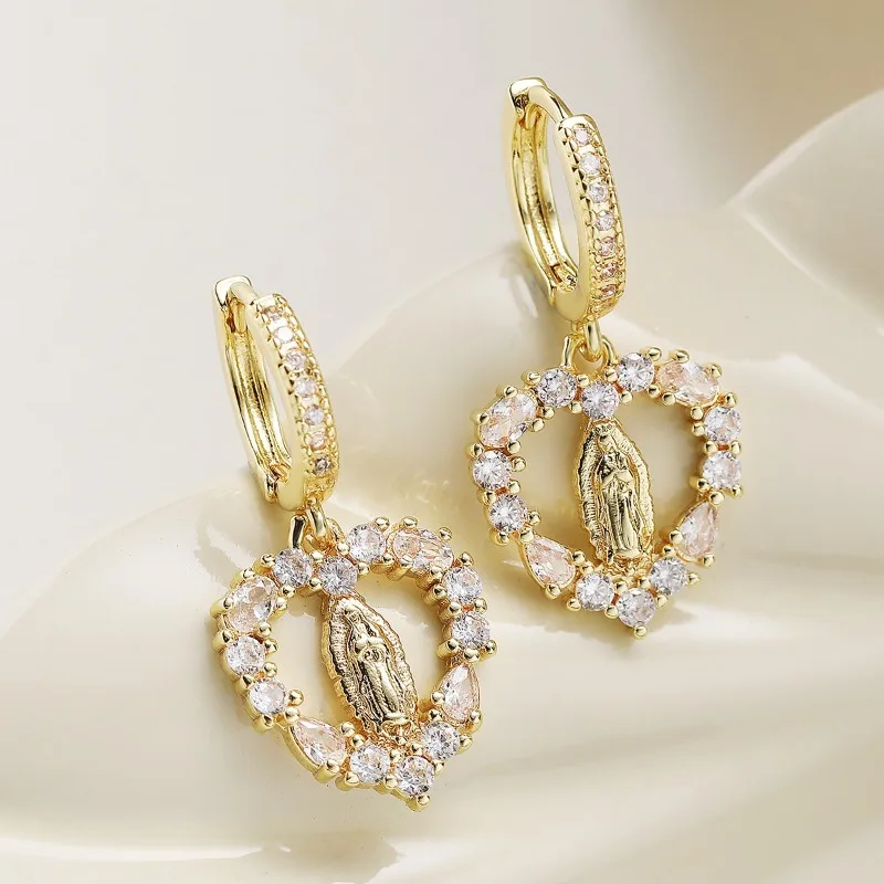 Virgin Mary Heart Earrings Rhinestone Hoop Dangle Religious Catholic Jewelry Faith Protection Amulet Gift For Women