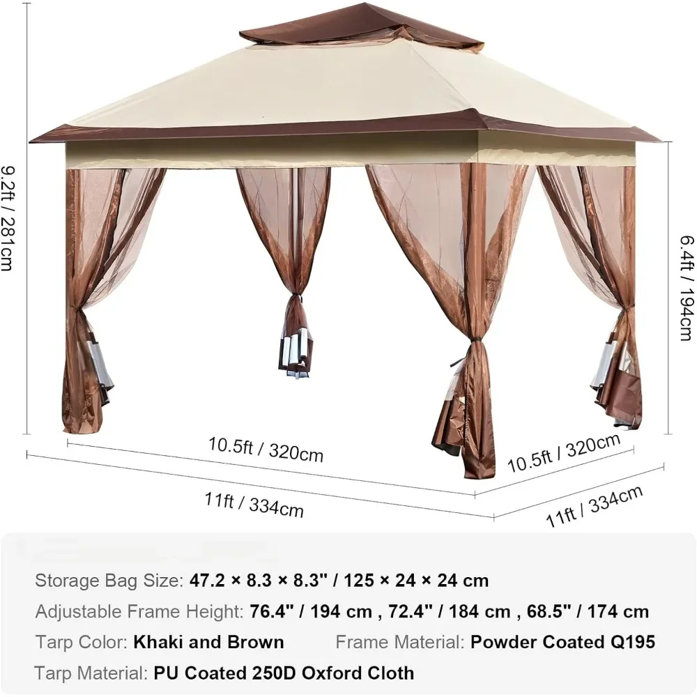 Pop-Up Prieel Voor 8-10 Personen, Met Klamboe, Metalen Frame & Pu Gecoat 250d Oxford Doek, Buiten Luifel Shelter, Bruin