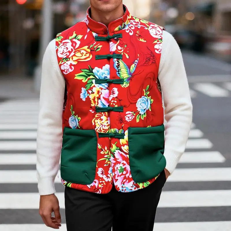 

M-XXXL Men's Winter Fleece Vest Red Floral Butterfly Pattern Sleeveless Jacket Streetwear Warm Padded Vest for Cold Weather Tops