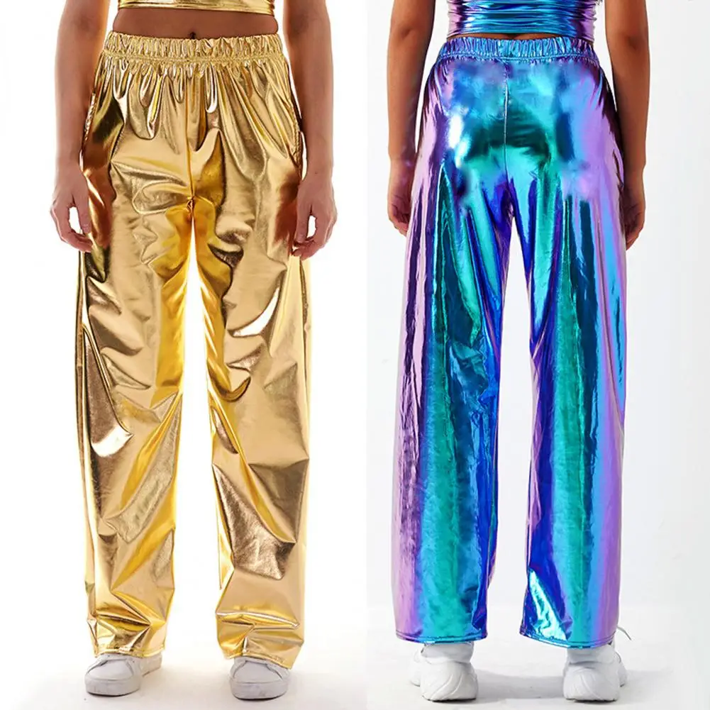 

Women Metallic Pants Women Wide Leg Pants Women's Metallic High Waist Holographic Pants Wide Leg Streetwear Trousers for Hip